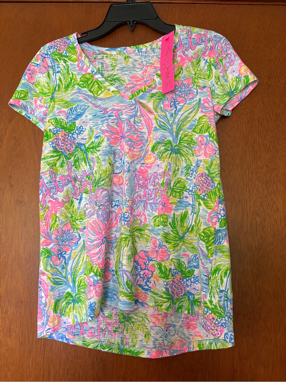 Womans Tropical Aloha Print Short Sleeve Tee - Pink & Green